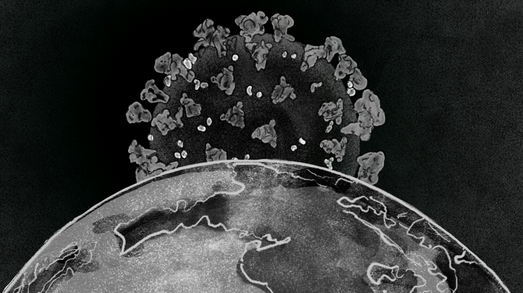Illustration of COVID virus above globe
