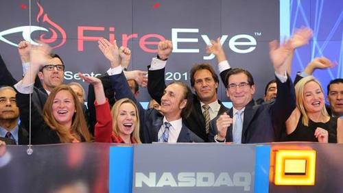 A group of people wave behind a NASDAQ sign