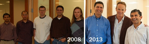 The original Nimble Storage team in 2008; Varun, Jim and Umesh present day